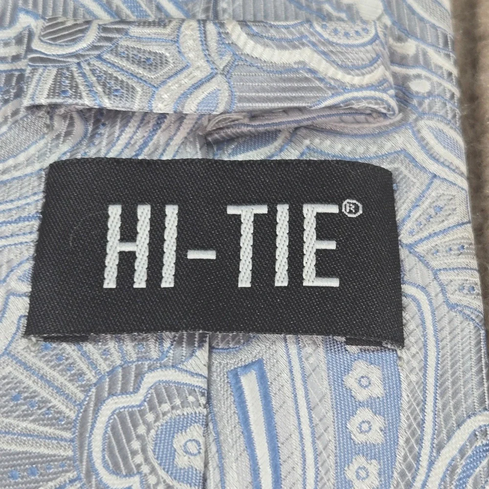 HI-TIE Mens Blue Silver Paisley Hand Tailored Silk Necktie